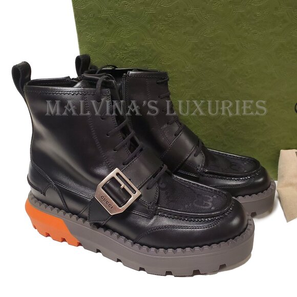 GUCCI BOOTS MENS GG LOGO CANVAS BLACK LEATHER LACE UP ANKLE sz 8 8.5 US - Picture 14 of 16